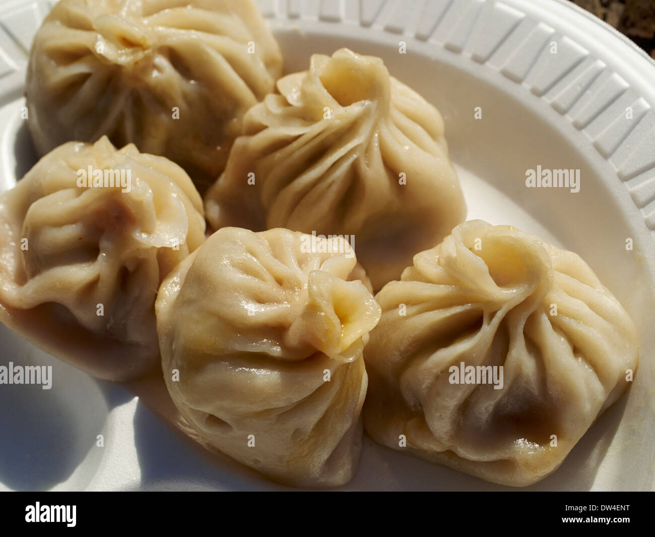 Tibetan steamed dumplings momo from a stand in Jackson Heights NY, USA Stock Photo