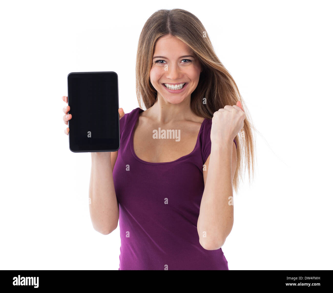 Very happy woman showing a blank electronic tablet, communication concept Stock Photo