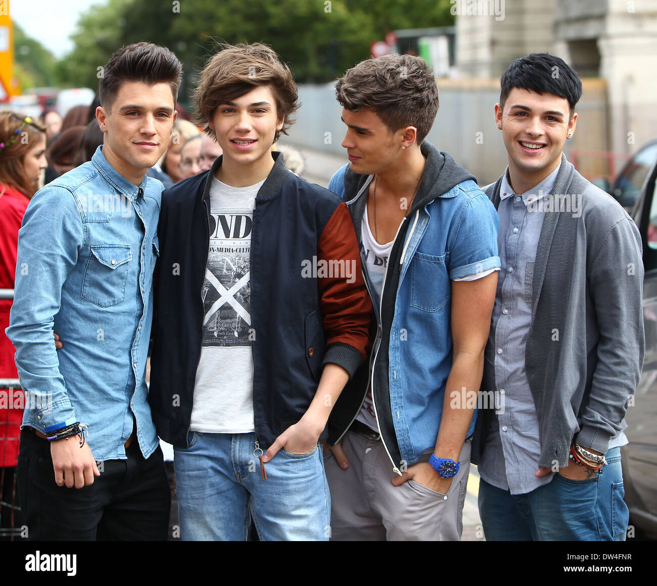 Jamie Hamblett, George Shelley, Josh Cuthbert and Jaymi Hensley of Union J X Factor contestants arrive at rehearsal studios ahead of tomorrows first live show London, England - 05.10.12 Where: London, United Kingdom When: 05 Oct 2012 Stock Photo