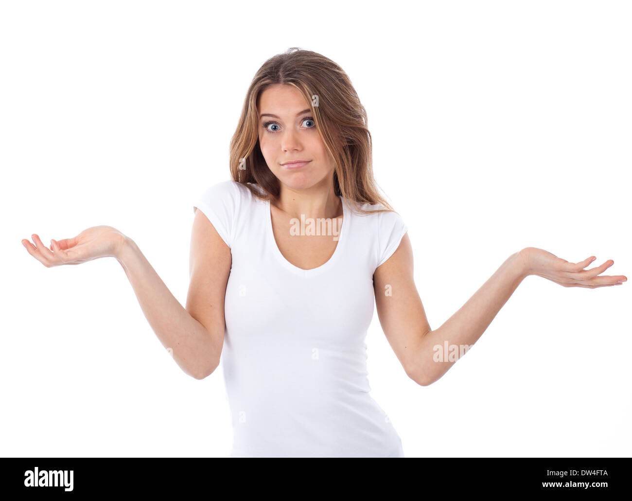 Portrait of a nice woman having a doubting gesture, isolated on white Stock Photo