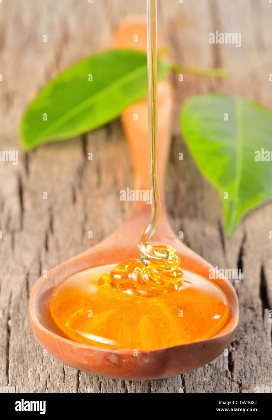 Honey dripping in a wooden spoonful Stock Photo