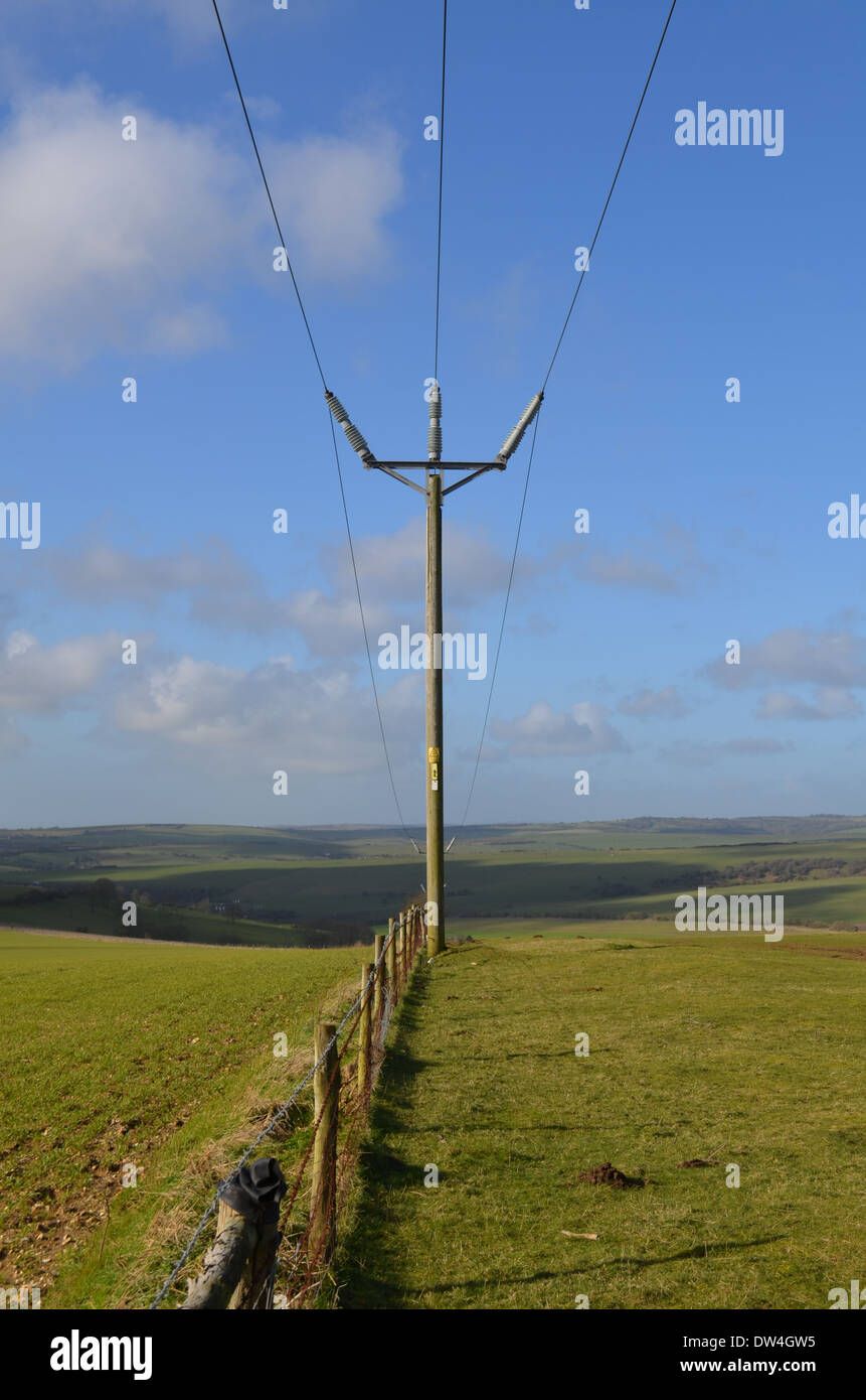 Rural electricity pole in the Sussex countryside. Stock Photo