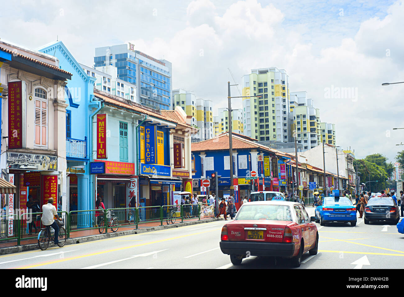 Busy street in Singapore's Indian quarter. Stock Photo