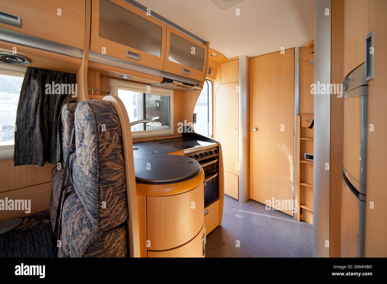 Inside Of A Camper Van Vehicle Kitchen And Cabinets Stock Photo