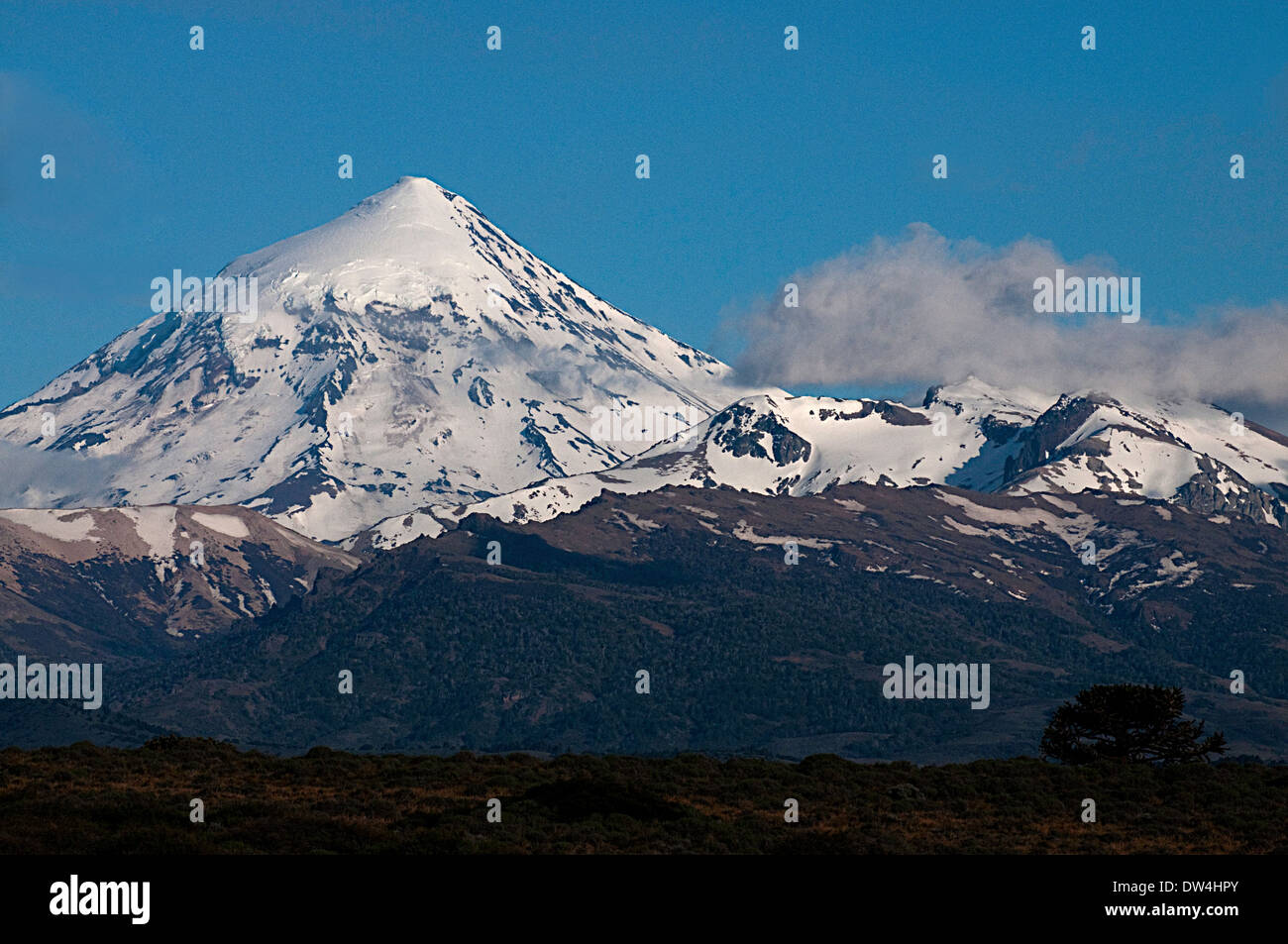 Lanín an ice-clad cone-shaped stratovolcano on the border of Argentina and Chile Stock Photo