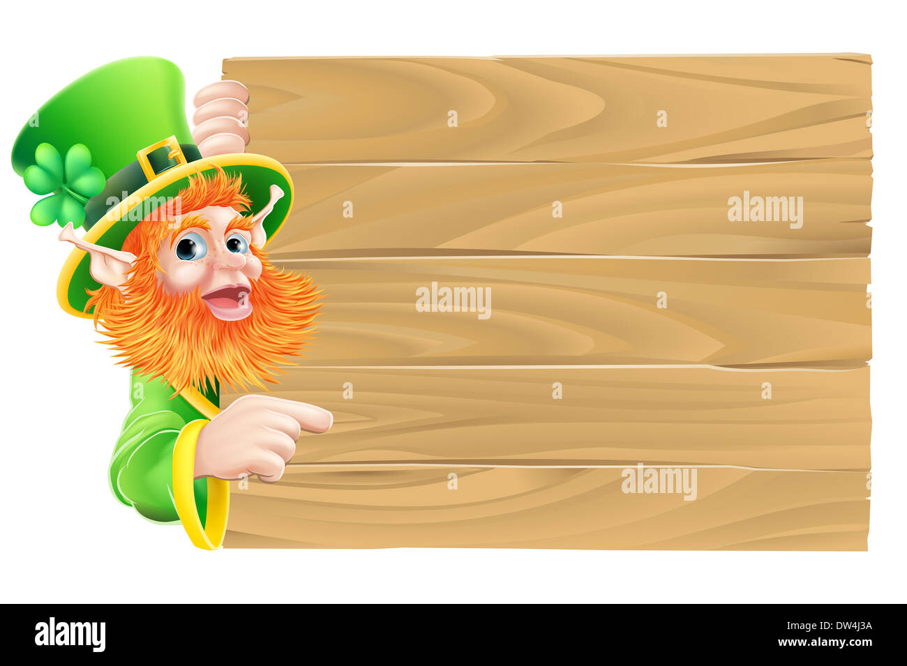 Drawing of a St Patricks day leprechaun cartoon character pointing down at  a sign Stock Photo - Alamy