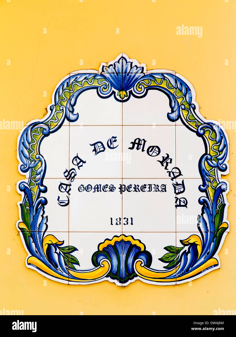 India, Goa, Panjim, Fontainhas, Casa de Morada 1831 house name plaque in old Portuguese Latin Quarter Stock Photo