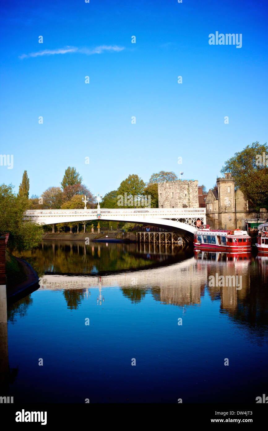 Lendal Tower and Lendal Bridge a 19th-century Gothic style iron bridge over the river Ouse York North Yorkshire England Europe Stock Photo