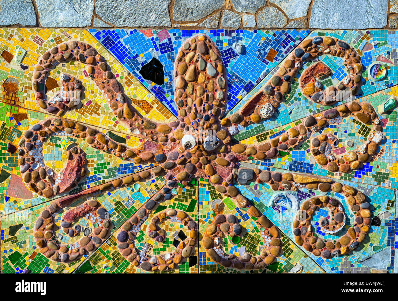 Octopus mosaic artwork  located next to the Pacific Beach Lifeguard Station. San Diego, California, United States. Stock Photo