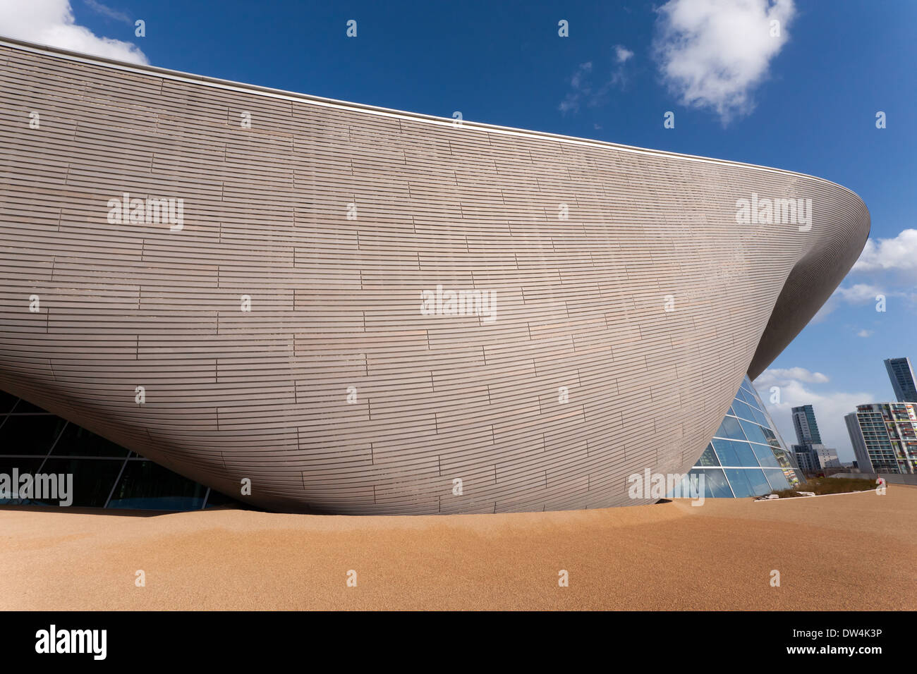 Wide angle view of a section of the London Aquatics Centre, designed by architect Zaha Hadid Stock Photo
