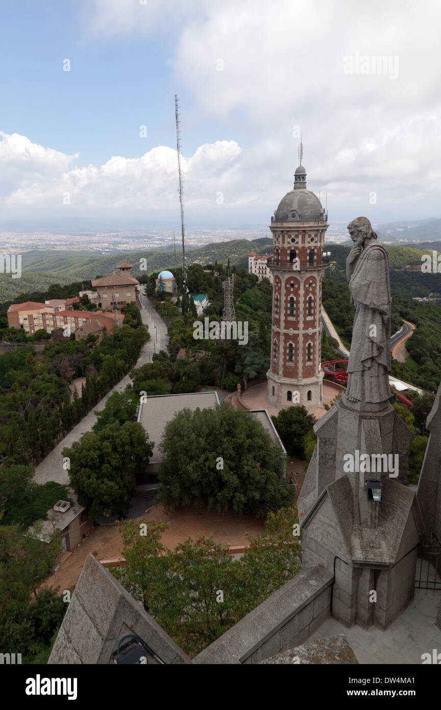 Arial view from the top of Temple de Sagrat Cor on the summit of Mount Tibidabo in Barcelona, Catalonia, Spain Stock Photo