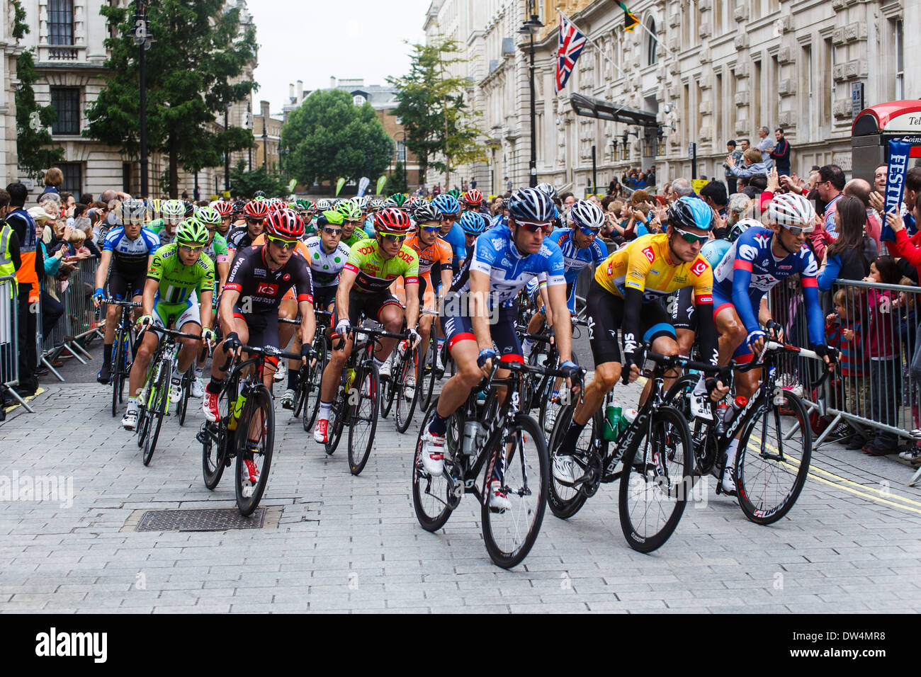 Sir Bradley Wiggins leads the peloton in the final stage of the 2013 Tour of Britain professional cycling road race in London UK Stock Photo