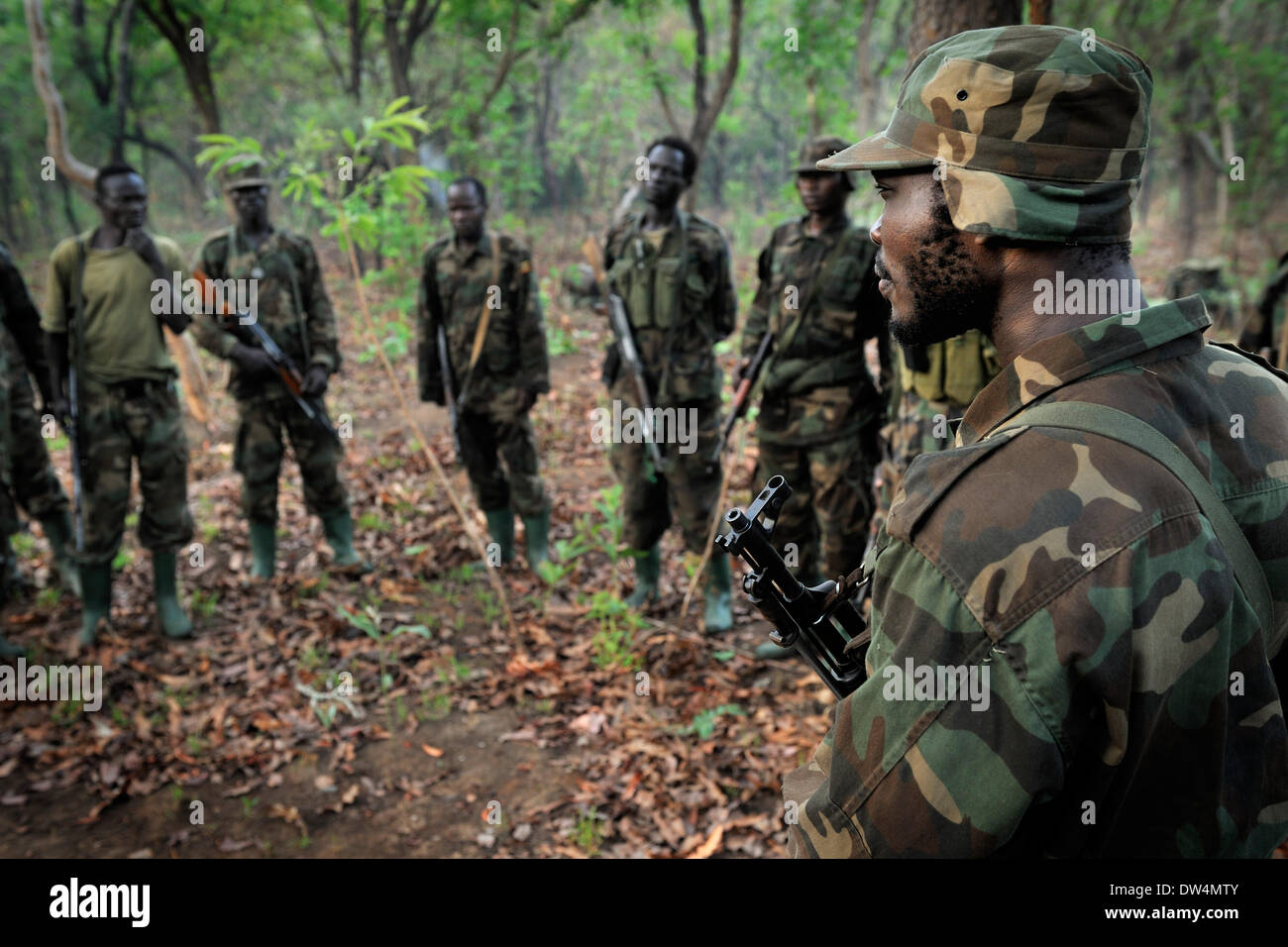 Ugandan soldiers of the Uganda People's Defence Force (UPDF) patrol through the Central African jungle during an operation to hunt notorious Lord's Resistance Army (LRA) leader Joseph Kony. The LRA is a Christian militant rebel group. Stock Photo