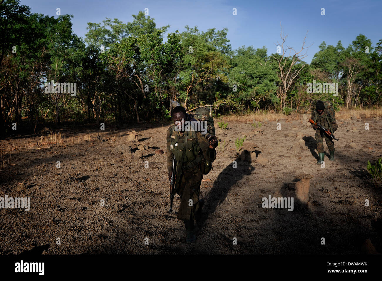 Ugandan soldiers of the Uganda People's Defence Force (UPDF) patrol through the Central African jungle during an operation to hunt notorious Lord's Resistance Army (LRA) leader Joseph Kony. The LRA is a Christian militant rebel group. Stock Photo