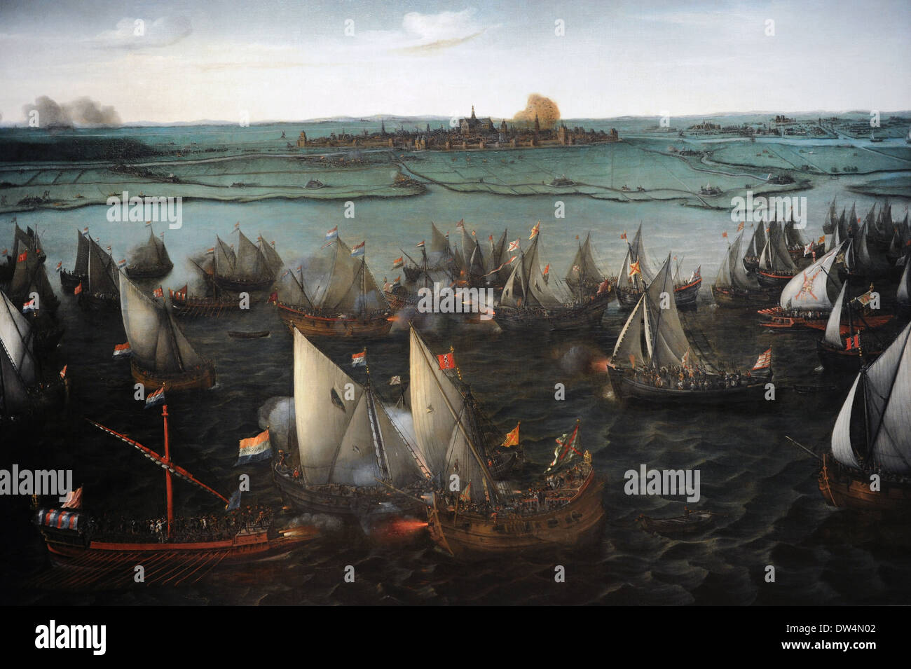 Hendrik Cornelisz Vroom (1566-1640). Dutch painter. Battle between Dutch and Spanish ships on the Haarlemmermeer, 1629. Stock Photo