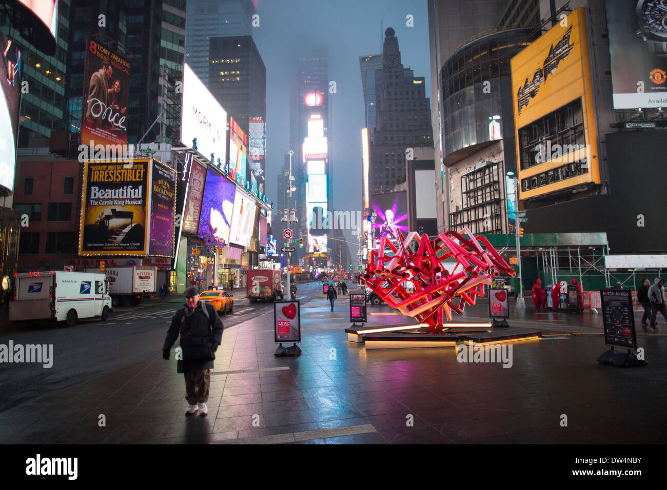 Manhattan New York city in North America, Pictured mist in Times Square Broadway theatre district early in the morning Stock Photo