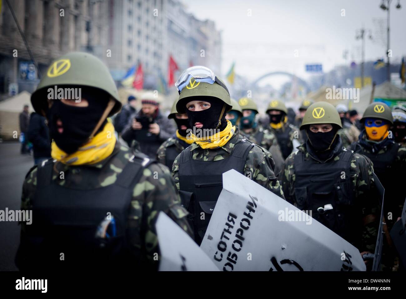 Anti goverment protesters are seen at the Maidan Place in Kiev (Ukraine), 13th February 2014. Stock Photo