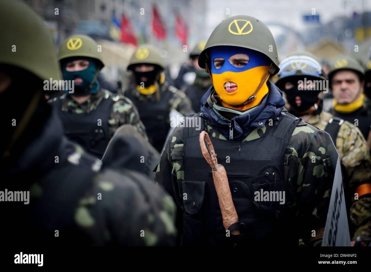 Anti goverment protesters are seen at the Maidan Place in Kiev (Ukraine), 13th February 2014. Stock Photo