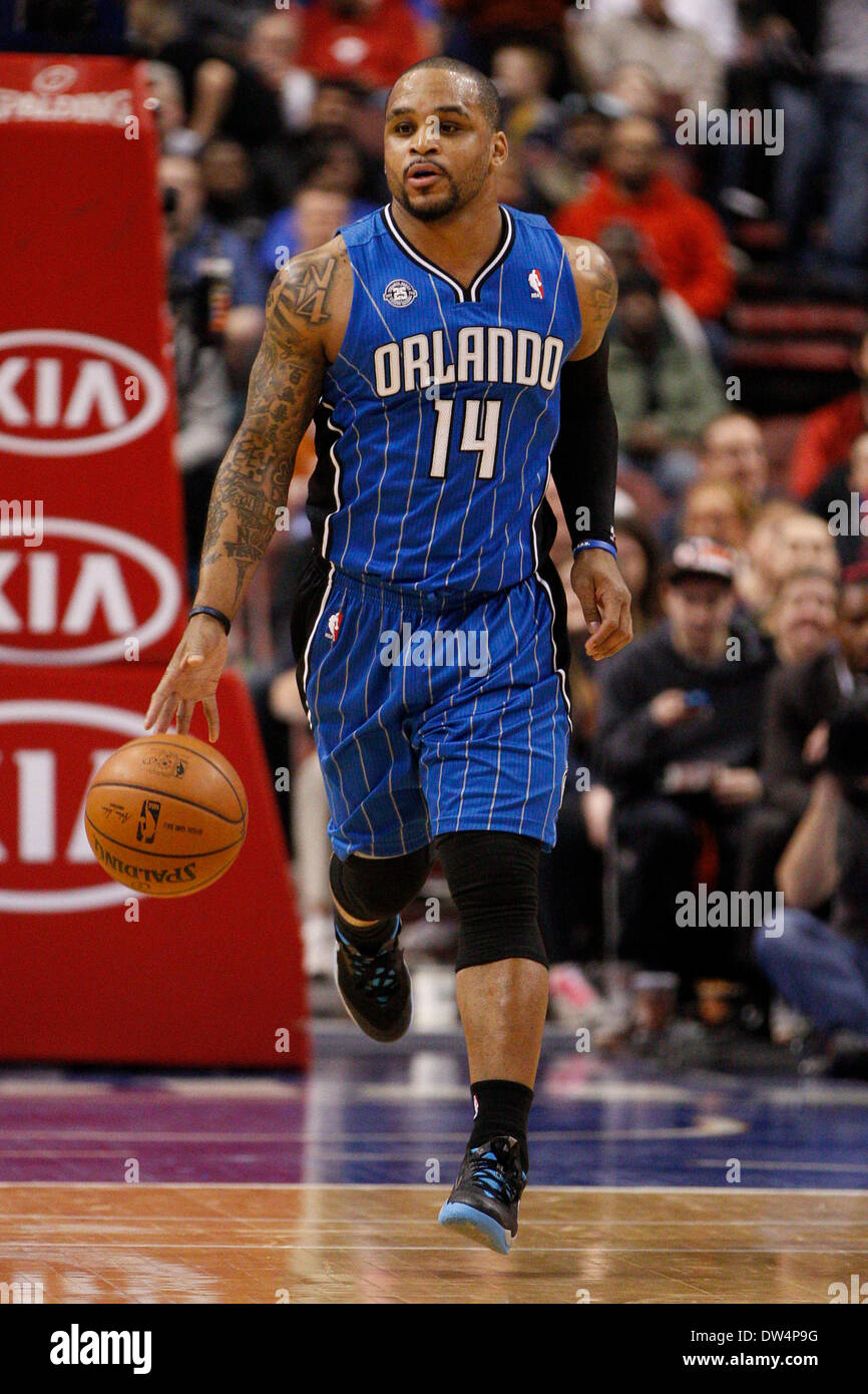 February 26, 2014: Orlando Magic point guard Jameer Nelson (14) brings the ball up the court during the NBA game between the Orlando Magic and the Philadelphia 76ers at the Wells Fargo Center in Philadelphia, Pennsylvania. The Magic won 101-90. Christopher Szagola/Cal Sport Media Stock Photo