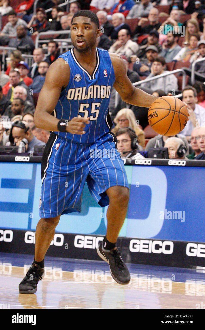 February 26, 2014: Orlando Magic point guard E'Twaun Moore (55) in action during the NBA game between the Orlando Magic and the Philadelphia 76ers at the Wells Fargo Center in Philadelphia, Pennsylvania. The Magic won 101-90. Christopher Szagola/Cal Sport Media Stock Photo