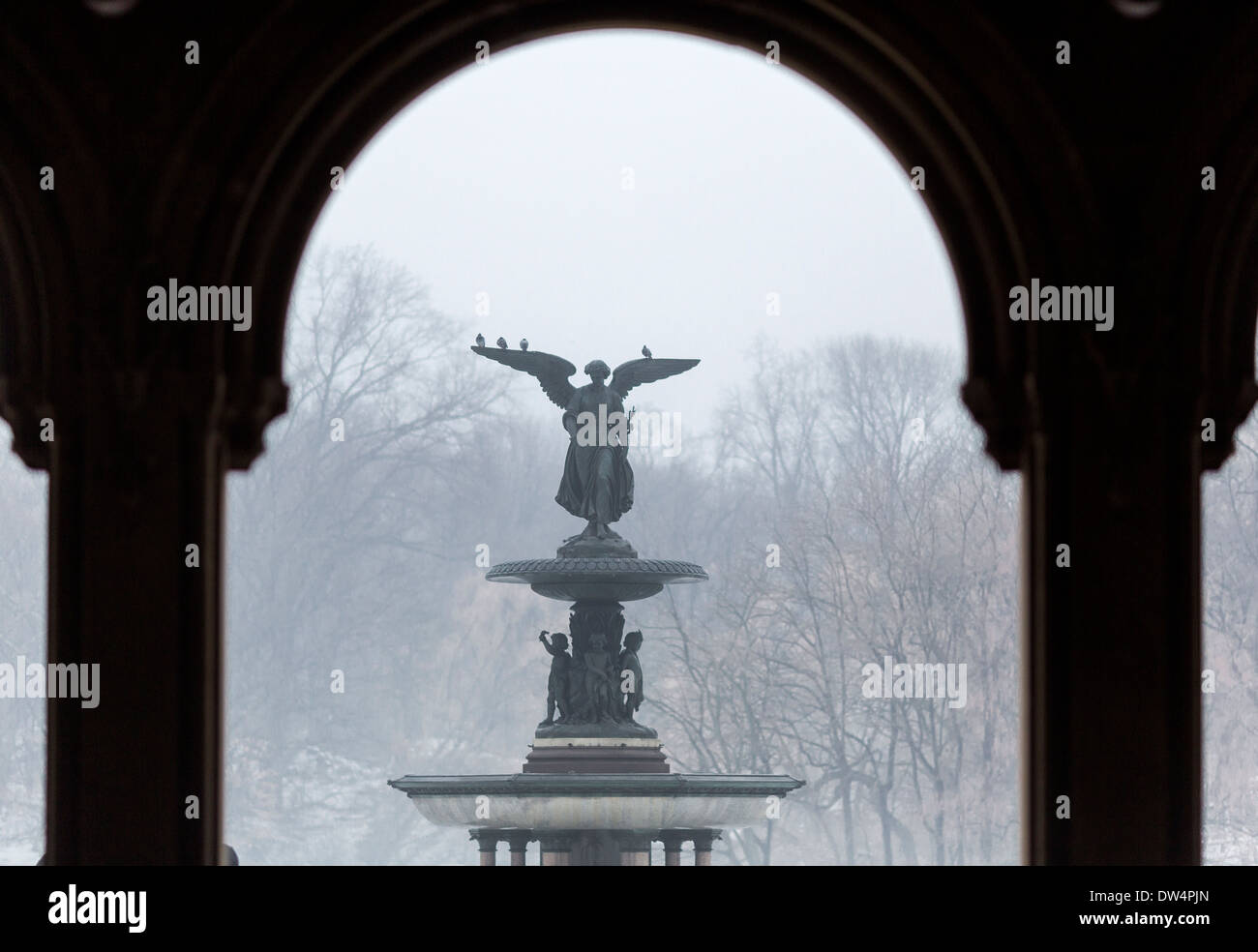 Manhattan New York city in North America, Pictured Grand Central Park Bethesda Fountain framed by Bethesda Arcade arches Stock Photo