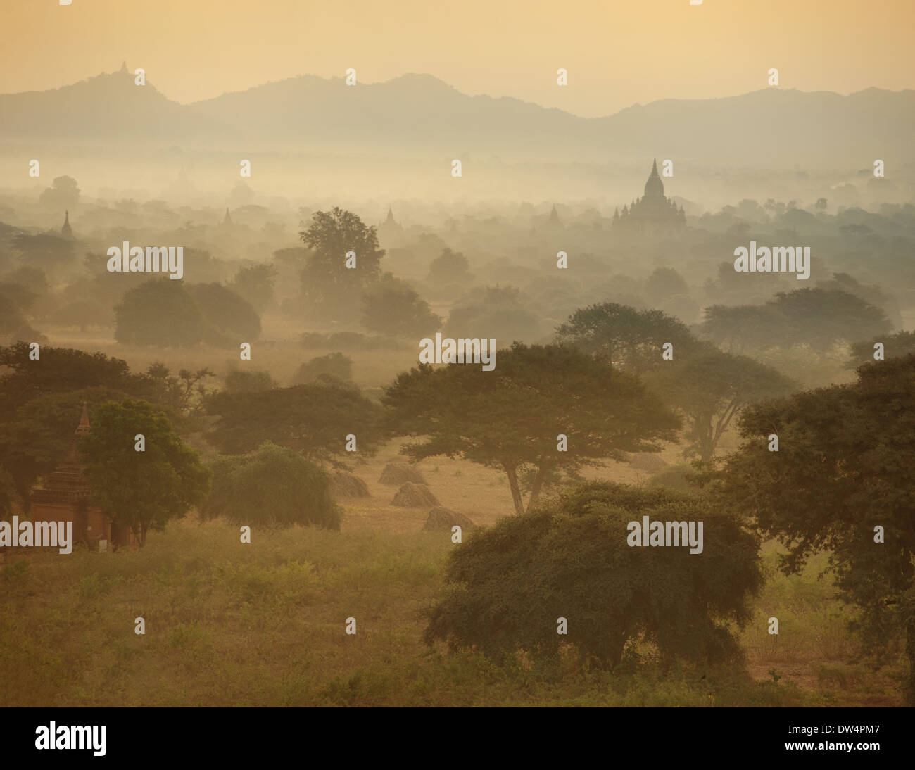 Panorama View of Sunrise over temples of Bagan in MyanmarSunrise over temples of Bagan in Myanmar Stock Photo