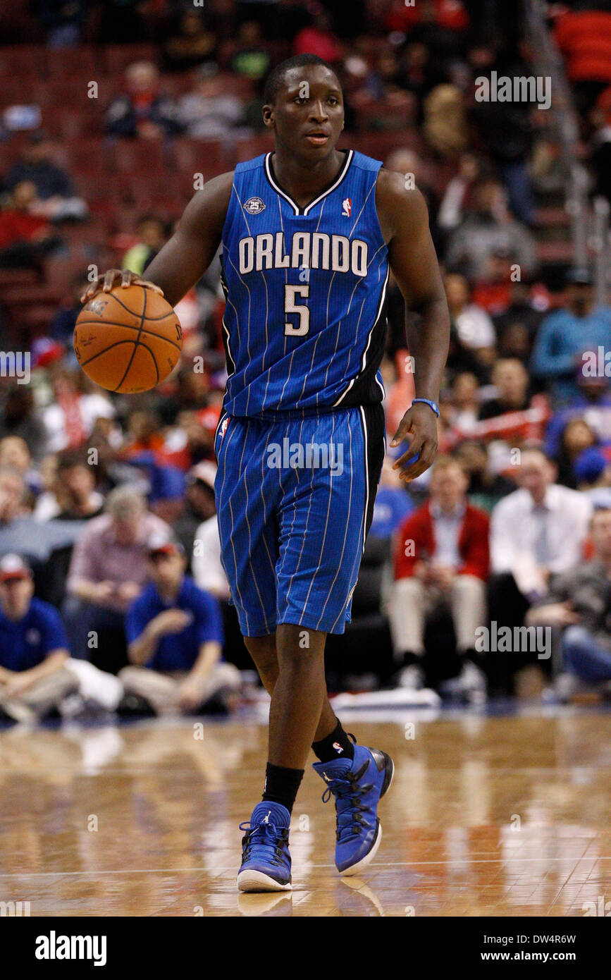 February 26, 2014: Orlando Magic shooting guard Victor Oladipo (5) in action during the NBA game between the Orlando Magic and the Philadelphia 76ers at the Wells Fargo Center in Philadelphia, Pennsylvania. The Magic won 101-90. Christopher Szagola/Cal Sport Media Stock Photo