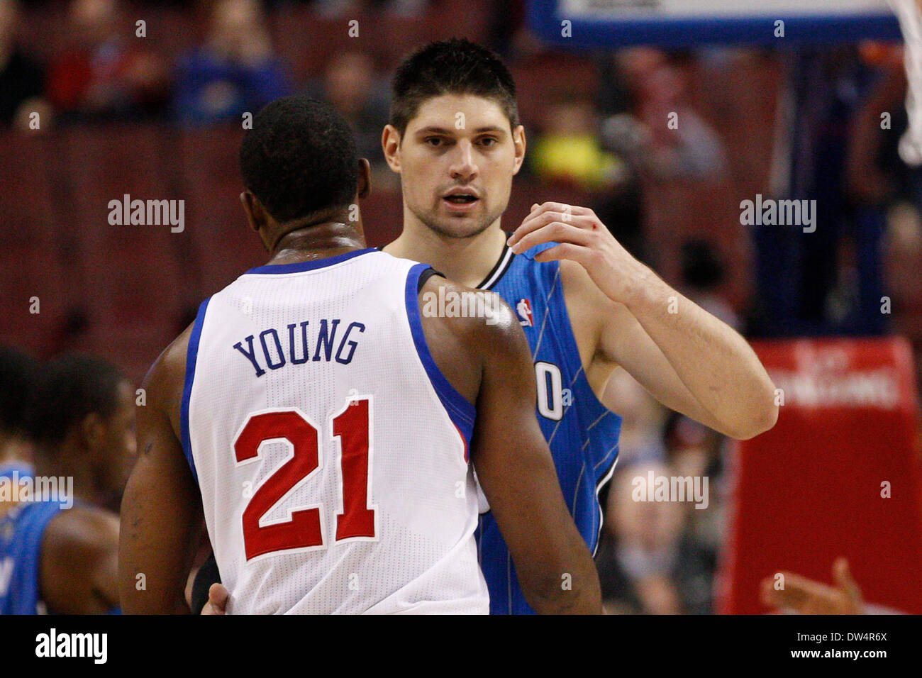 February 26 2014 Orlando Magic Center Nikola Vucevic 9 Looks To Stock Photo Alamy