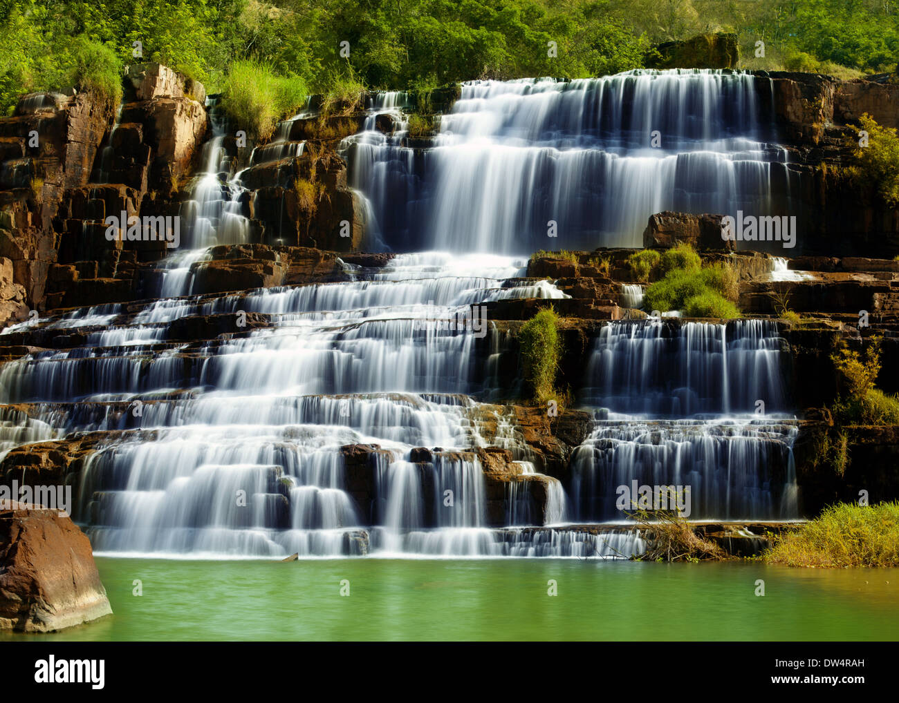 Tropical rainforest landscape with flowing Pongour waterfall in Vietnam. Four images panorama Stock Photo