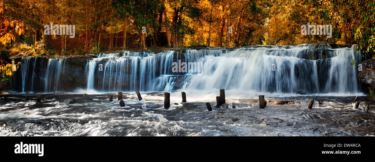 Tropical rainforest landscape with flowing Kulen waterfall in Cambodia. Two images panorama Stock Photo