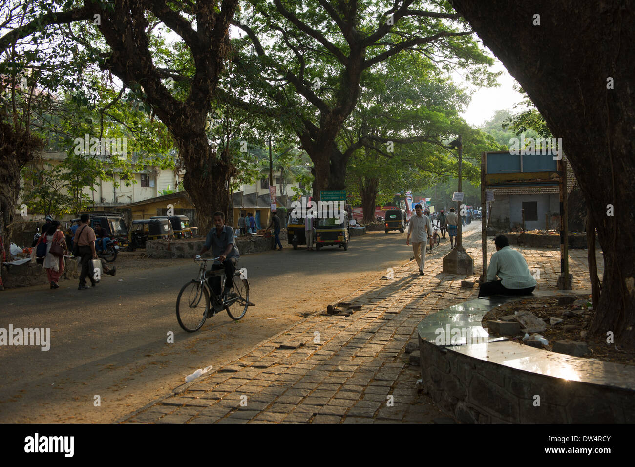 Pedestrians and traffic under the shady trees on KB Jacob Road, Fort Cochin, Kochi (Cochin), Kerala, India Stock Photo