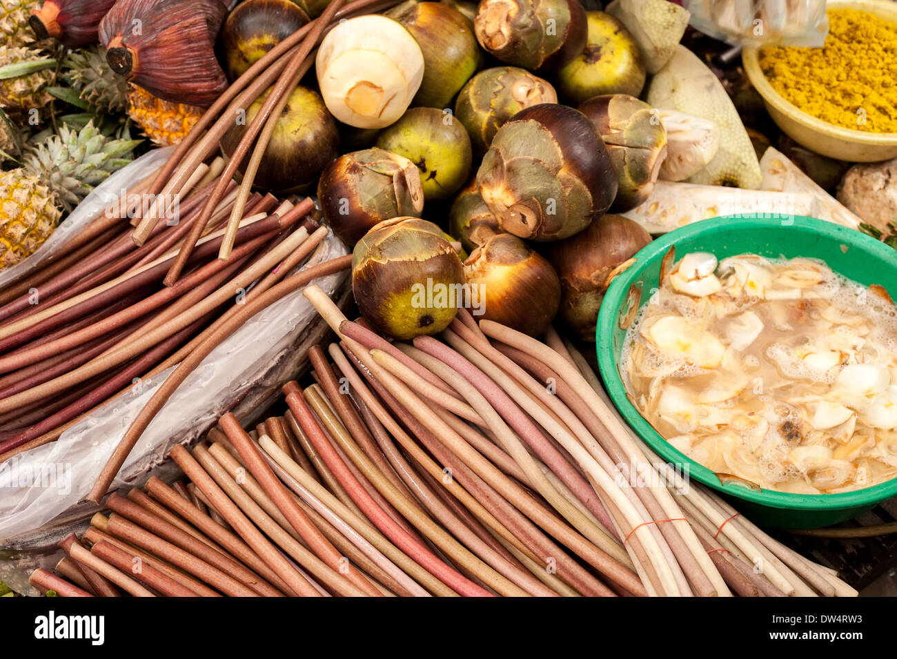 Exotic tropical fruits and vegetables at traditional asian food market Mangosteen water lilly stems marinated mushrooms Stock Photo