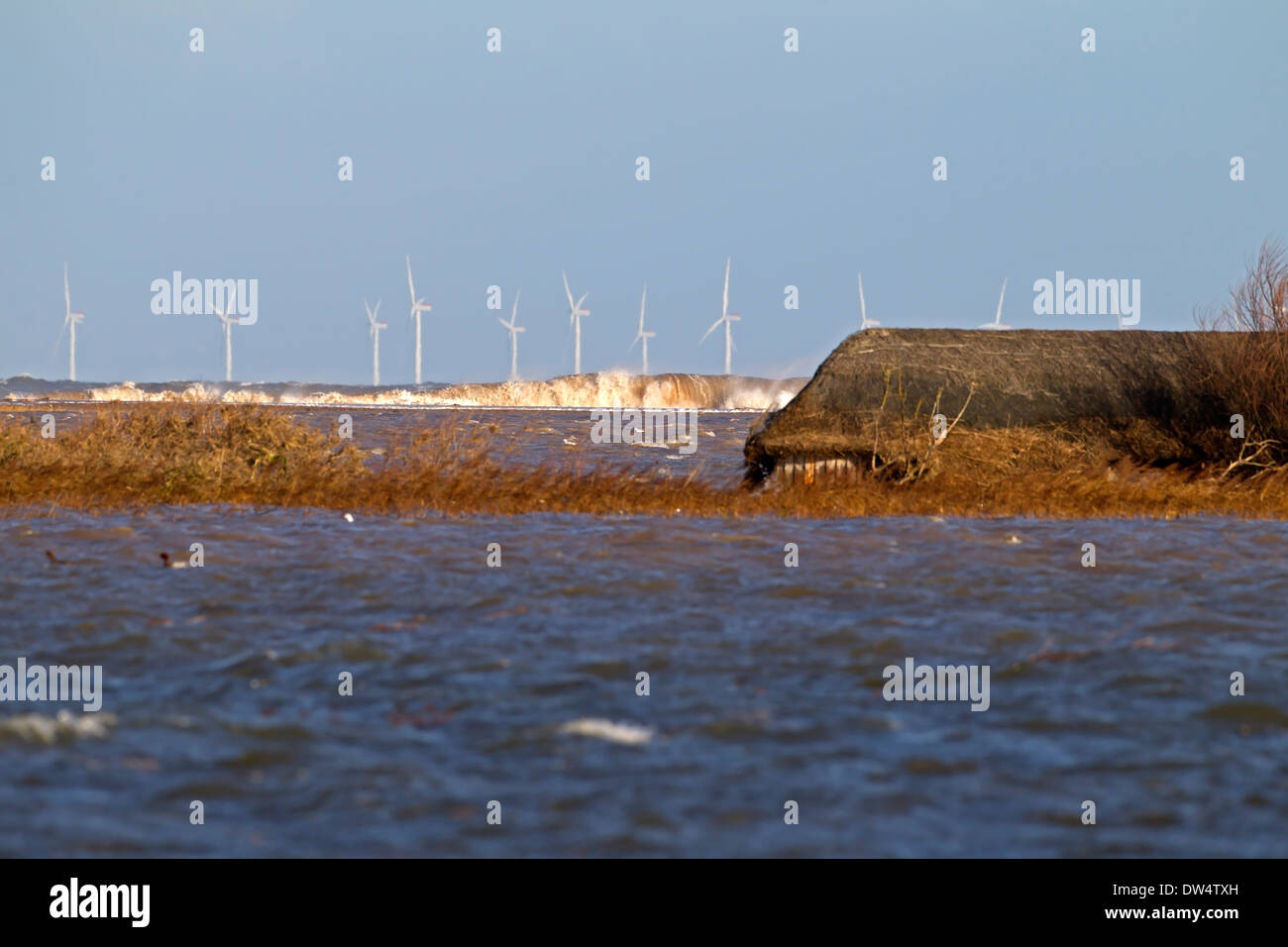 Floods of 6 12 2013 due to tidal surge showing submerged hides on flooded reserve, Cley next the sea, Norfolk UK Stock Photo