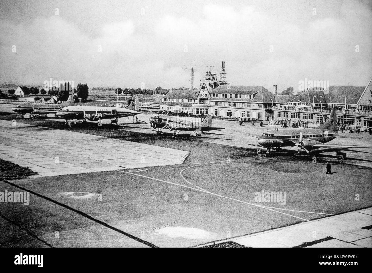 Archival picture of Douglas DC-3 fixed-wing propeller-driven airliners at Sabena airport in Melsbroek, Belgium Stock Photo