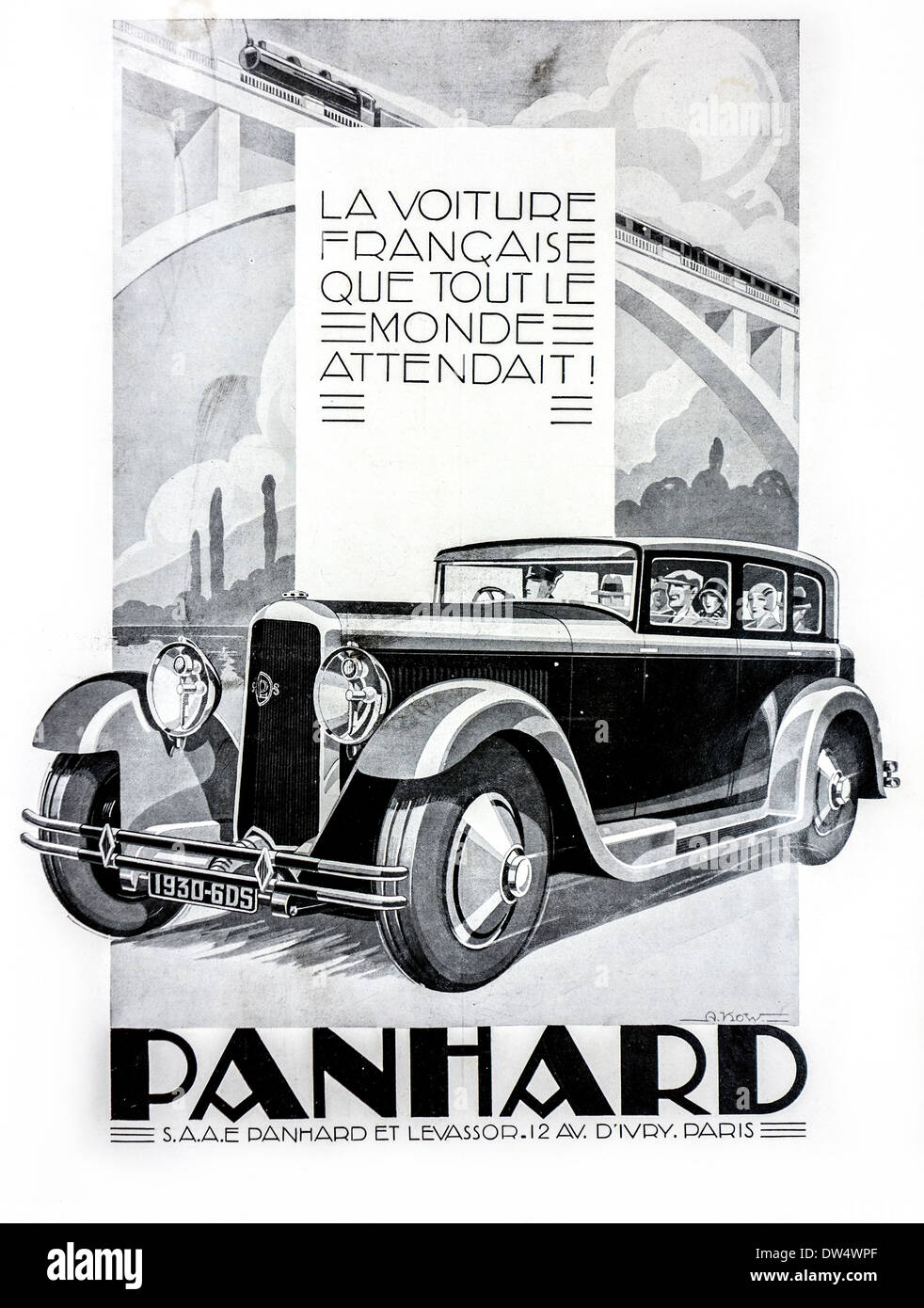 Black-and-white vintage advertisement for the French automobile Panhard & Levassor 6DS Berline X66 from 1930, France Stock Photo