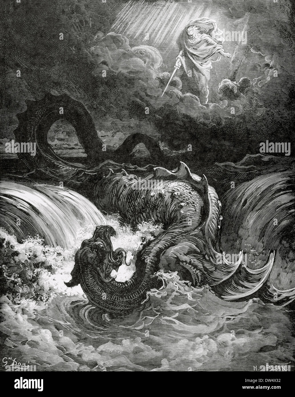 Leviatan. Sea monster referenced in the Tanarkh or the Old Testament. Destruction of Leviathan, 1865. Engraving by Gustavo Doré. Stock Photo