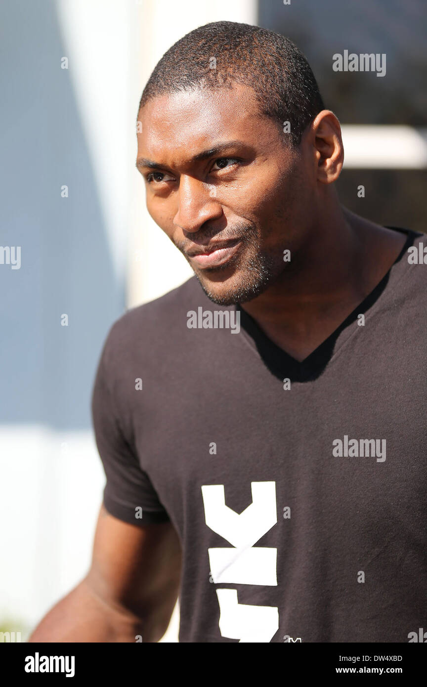LA Laker, Ron Artest leaves Toast Bakery in West Hollywood after having lunch. Ron is wearing a Mr Pink Energy Drink T-shirt and drove to the restaurant in his Lamborghini. Los Angeles, California - 08.10.12 Where: United States When: 08 Oct 2012 Stock Photo