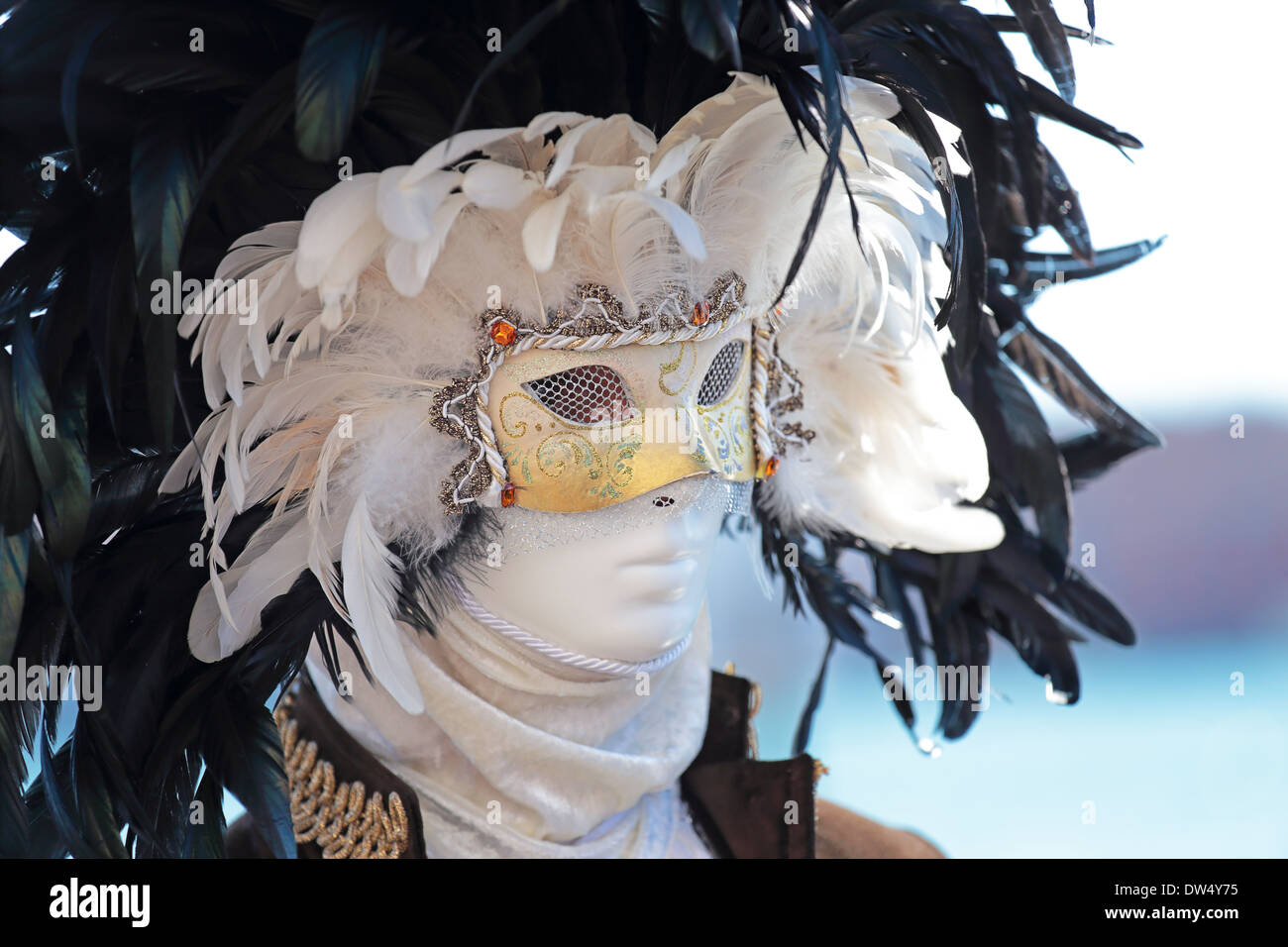 A black and white mask decorated with feathers exhibited during the ...