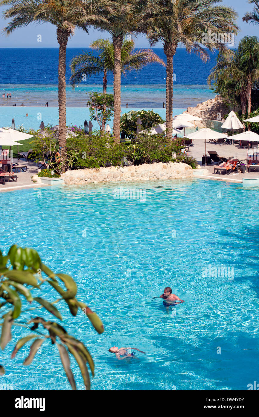 View over Makadi Spa Hotel pools to The Red Sea in Egypt Stock Photo