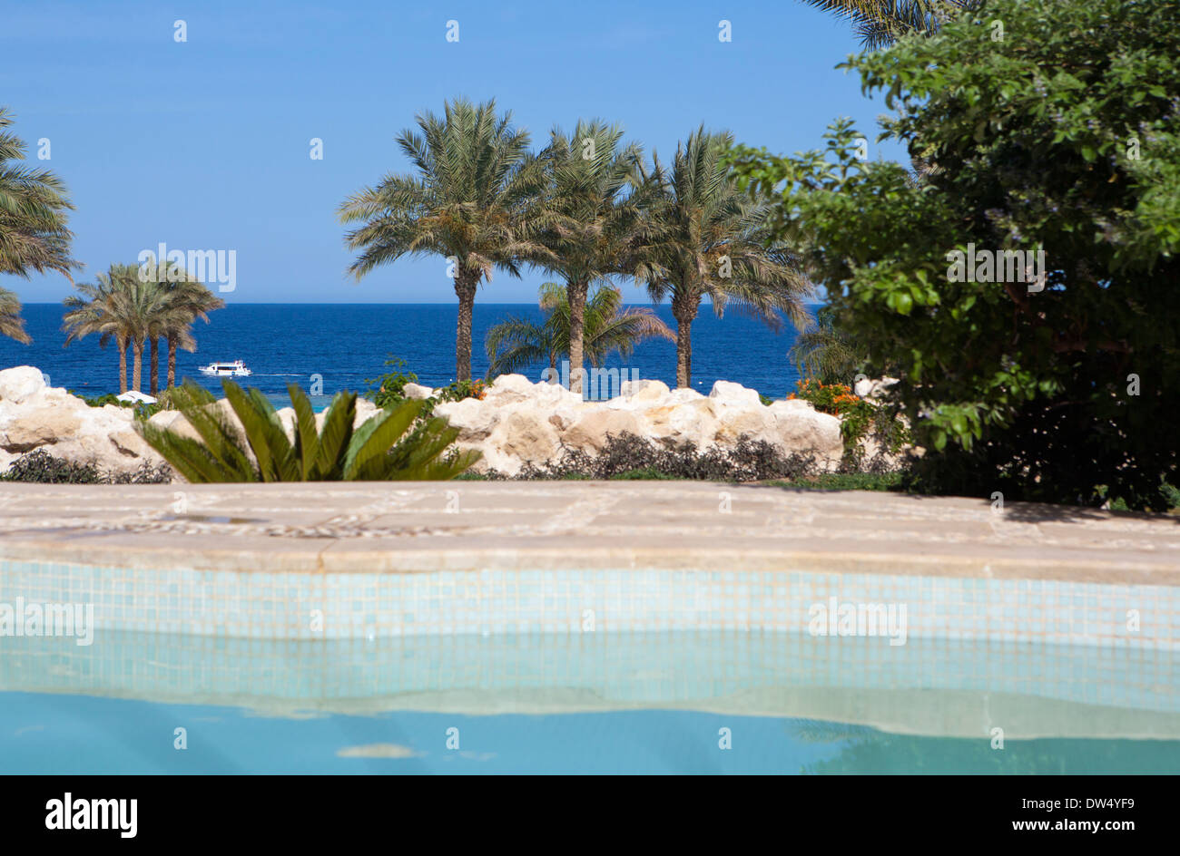 Great view from private pool to the Red Sea from The Makadi Spa Hotel Stock Photo