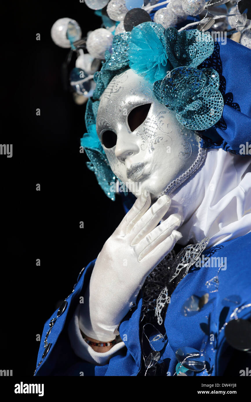 A mask on black background exhibited during the traditional Carnival of Venice, Italy (2014 edition) Stock Photo