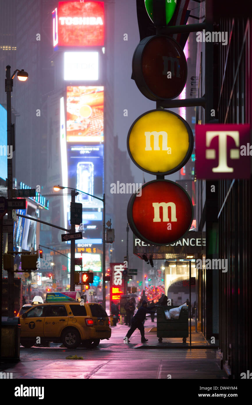 Manhattan New York city in North America, Pictured mist in Times Square Broadway theater district early in the morning Stock Photo