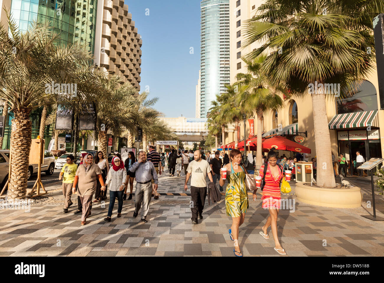 People on the Walk, a new holiday area, Jumeirah Beach Residences resort, Dubai UAE, United Arab Emirates, Middle East Stock Photo