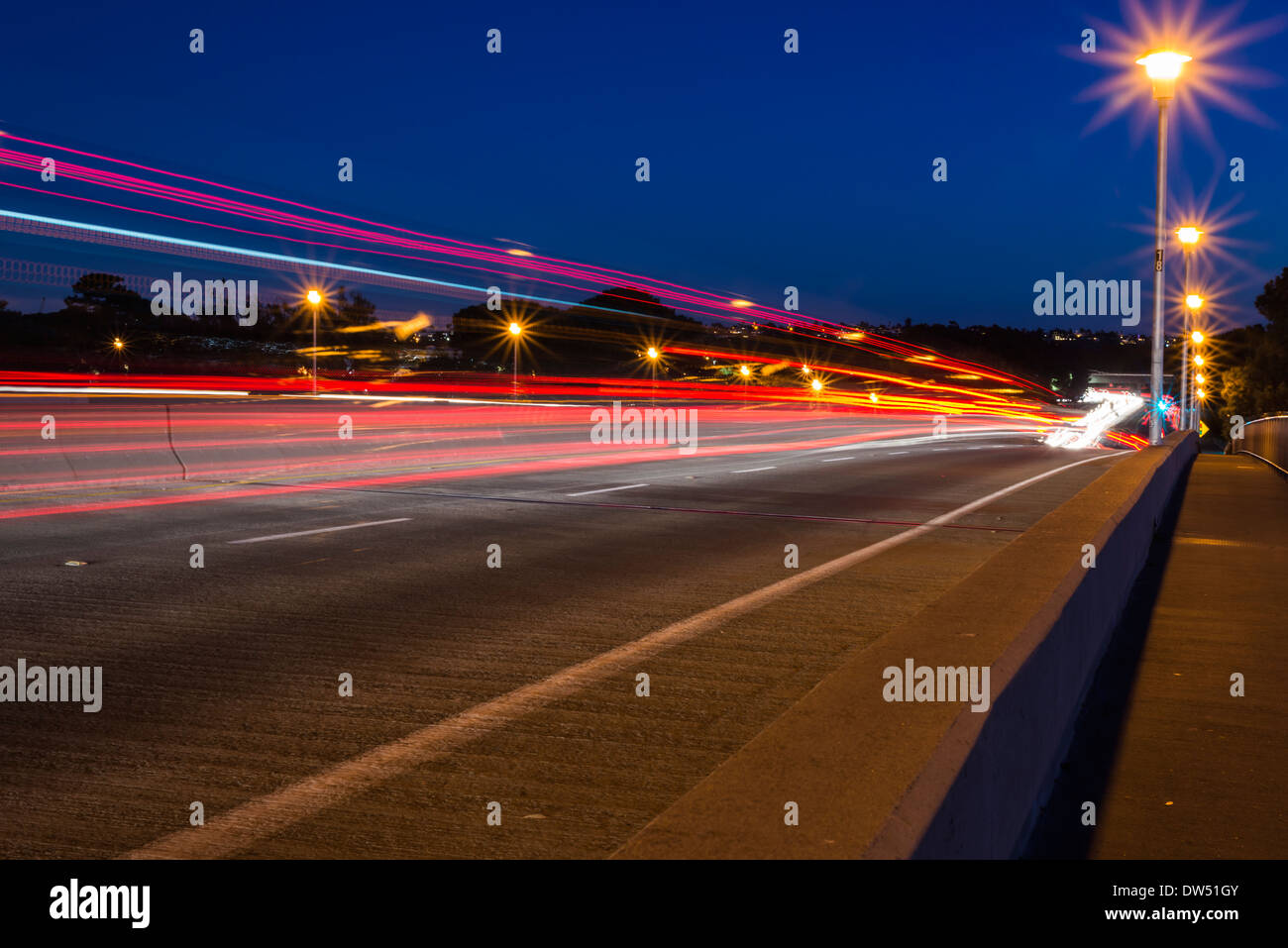 Car light streaks on the Ingraham Street Bridge. San Diego, California, United States. Stock Photo