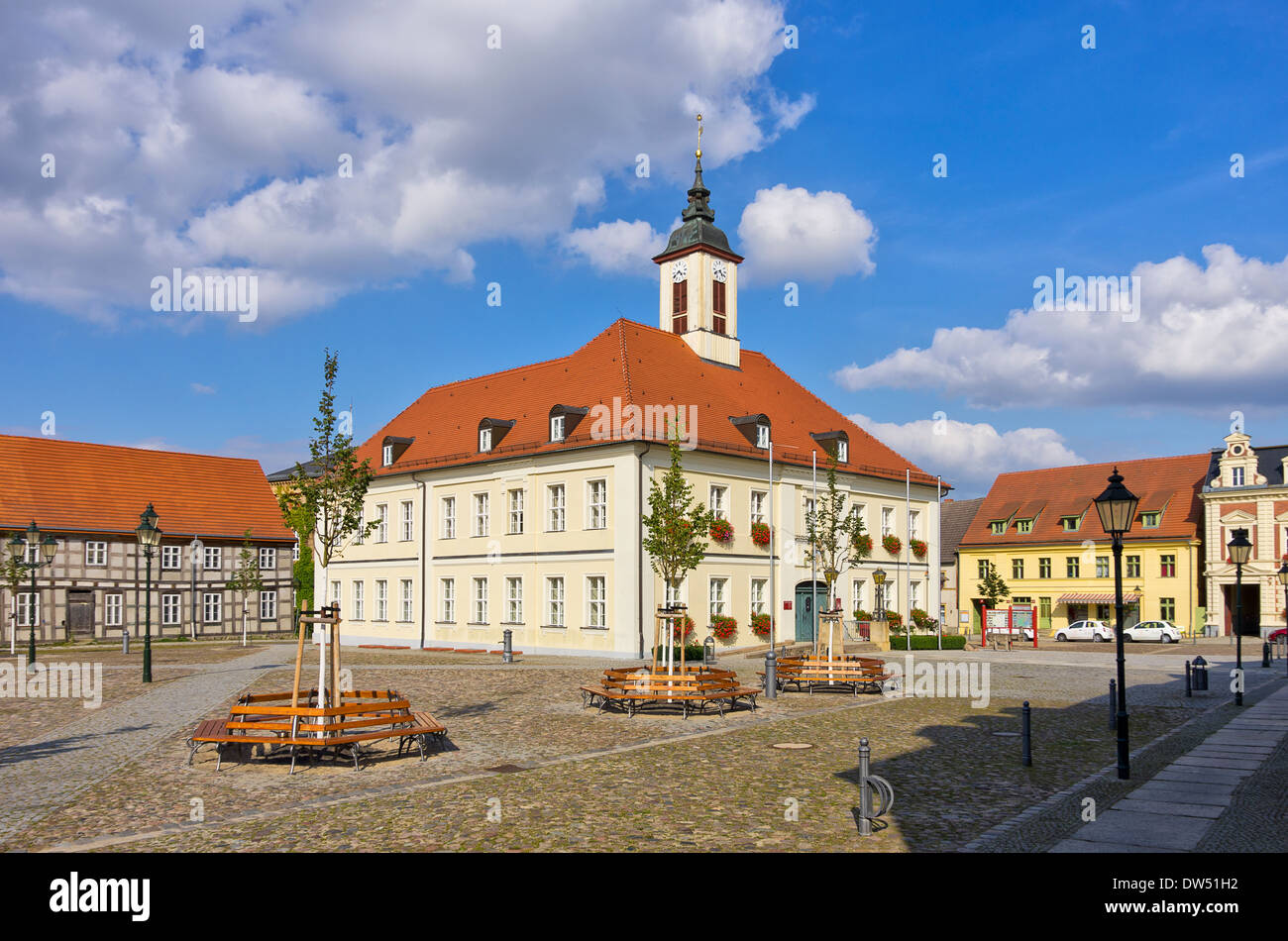 Town Hall And Market Square, Angermunde, Germany. Stock Photo
