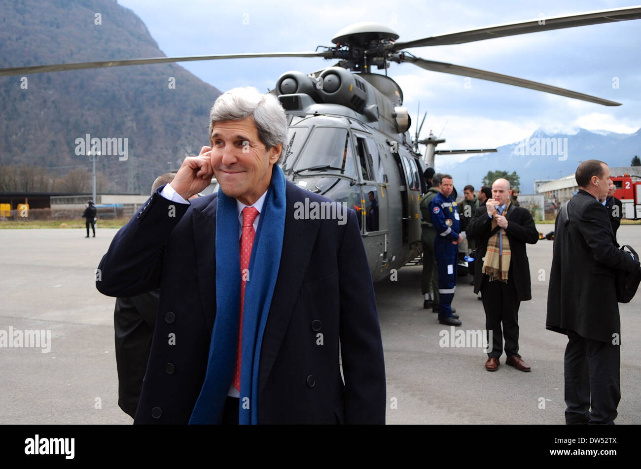 Secretary Kerry Pauses Before Helicopter Flight Across Switzerland Stock Photo