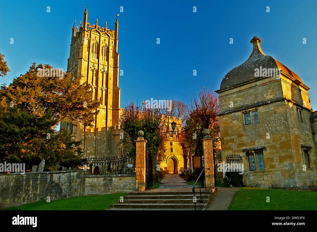 St James the parish church in the Cotswold town of Chipping Campden, has a perpendicular tower a style common to wool churches Stock Photo