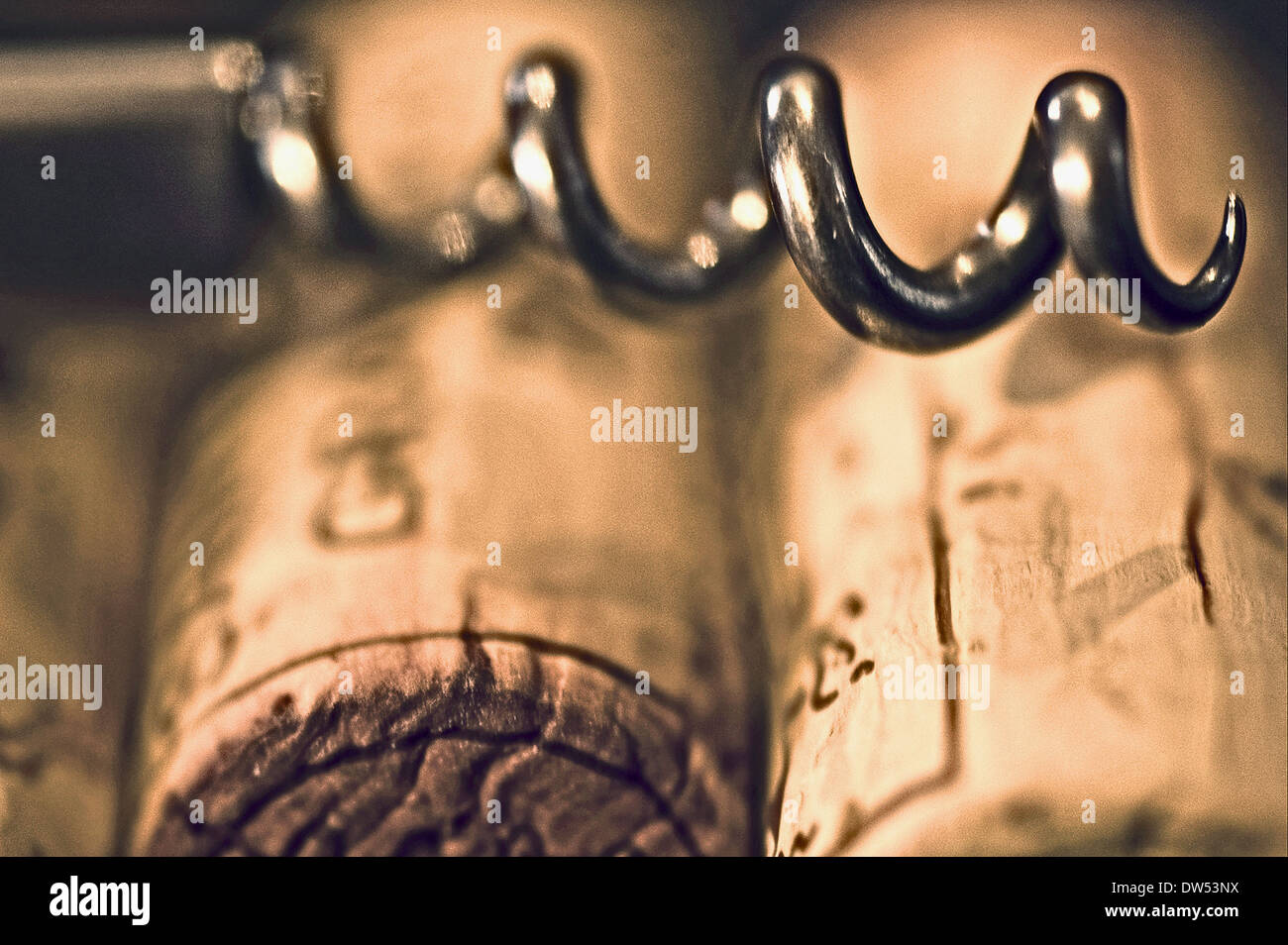 Abstract image of wine bottle corks and a bottle opener Stock Photo