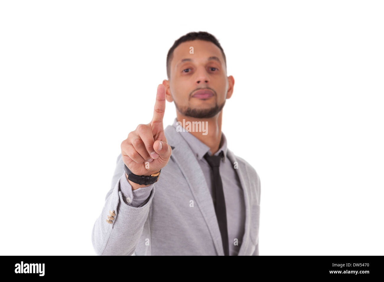 African American business man touching a transparent screen - Black people, isolated on white background Stock Photo
