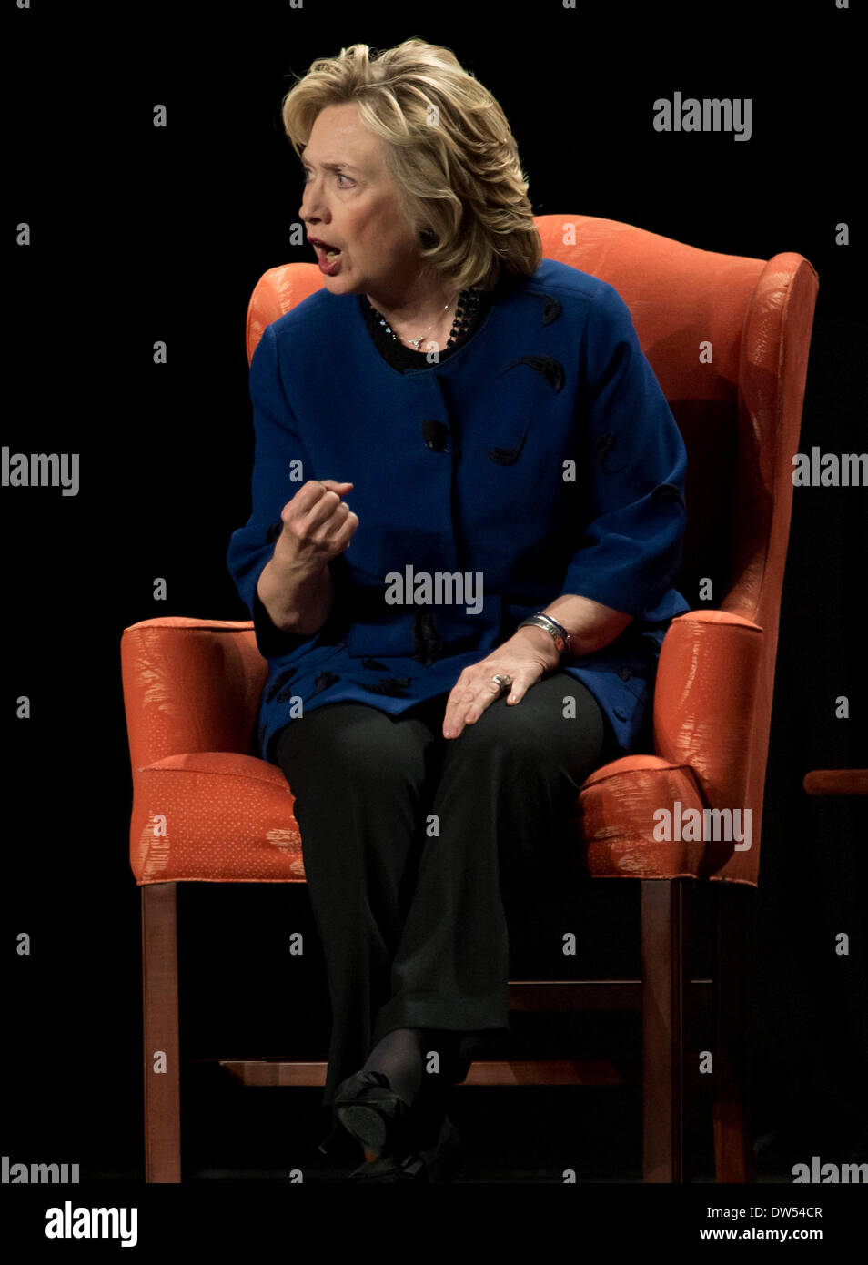 Coral Gables, Florida, USA. 26th Feb, 2014. HILLARY CLINTON answers questions from the audience after delivering remarks to students, faculty, staff and invited guests at the BankUnited Center on the campus of the University of Miami. Credit:  Brian Cahn/ZUMAPRESS.com/Alamy Live News Stock Photo